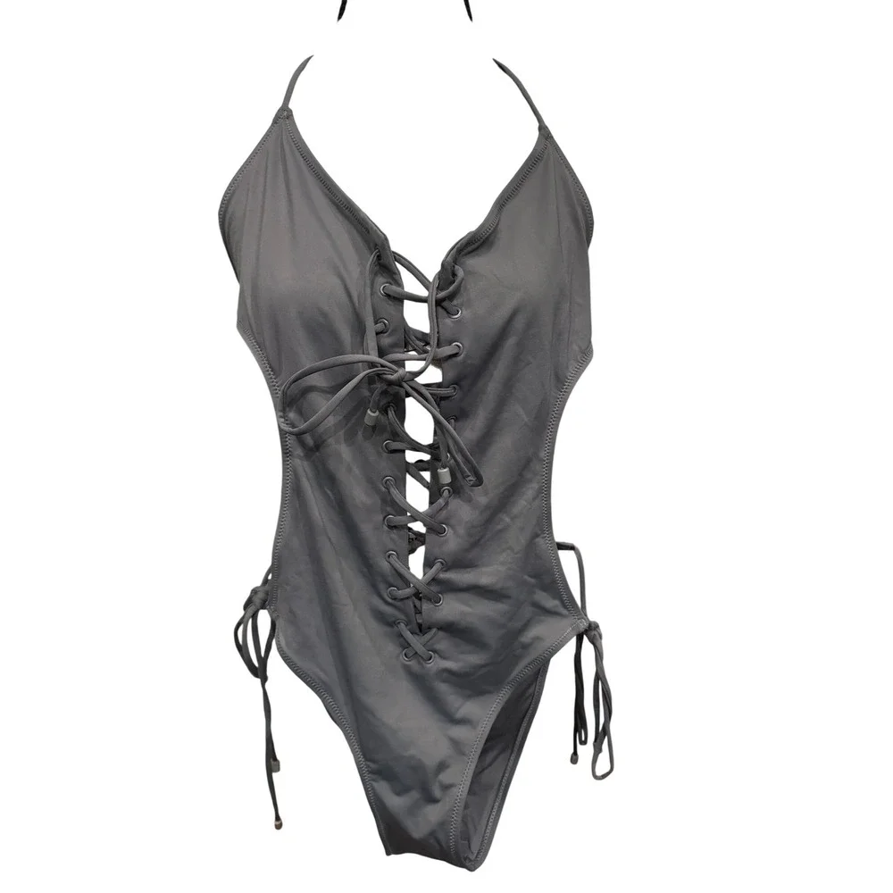 SKIMS Black Lace-Up One-Piece Swimsuit